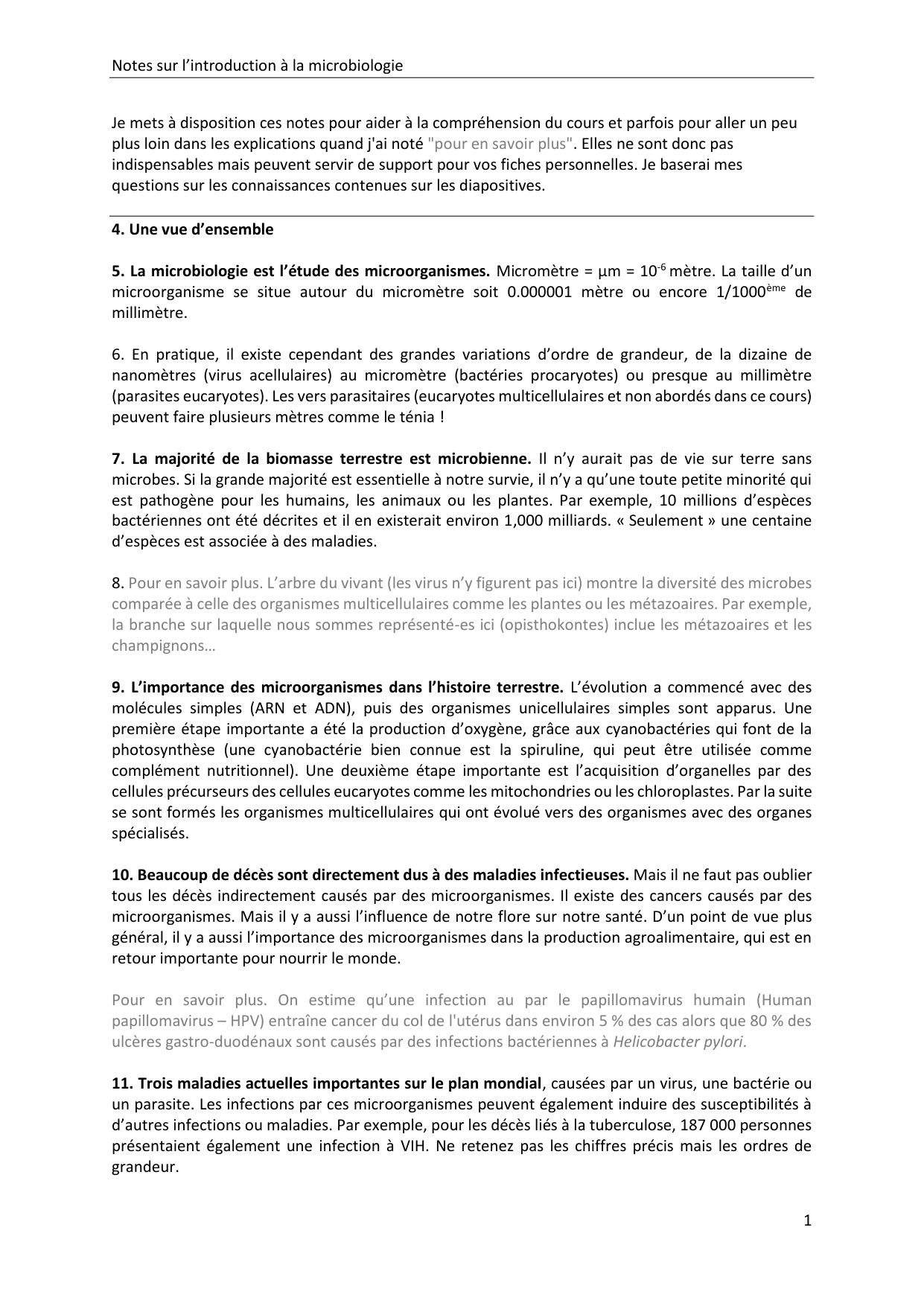 Introduction à la microbiologie — notes page 1
