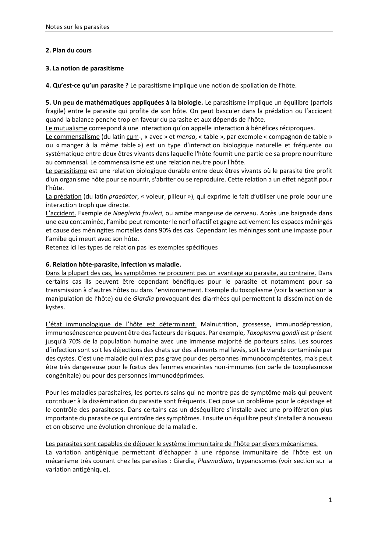 Les parasites — notes page 1