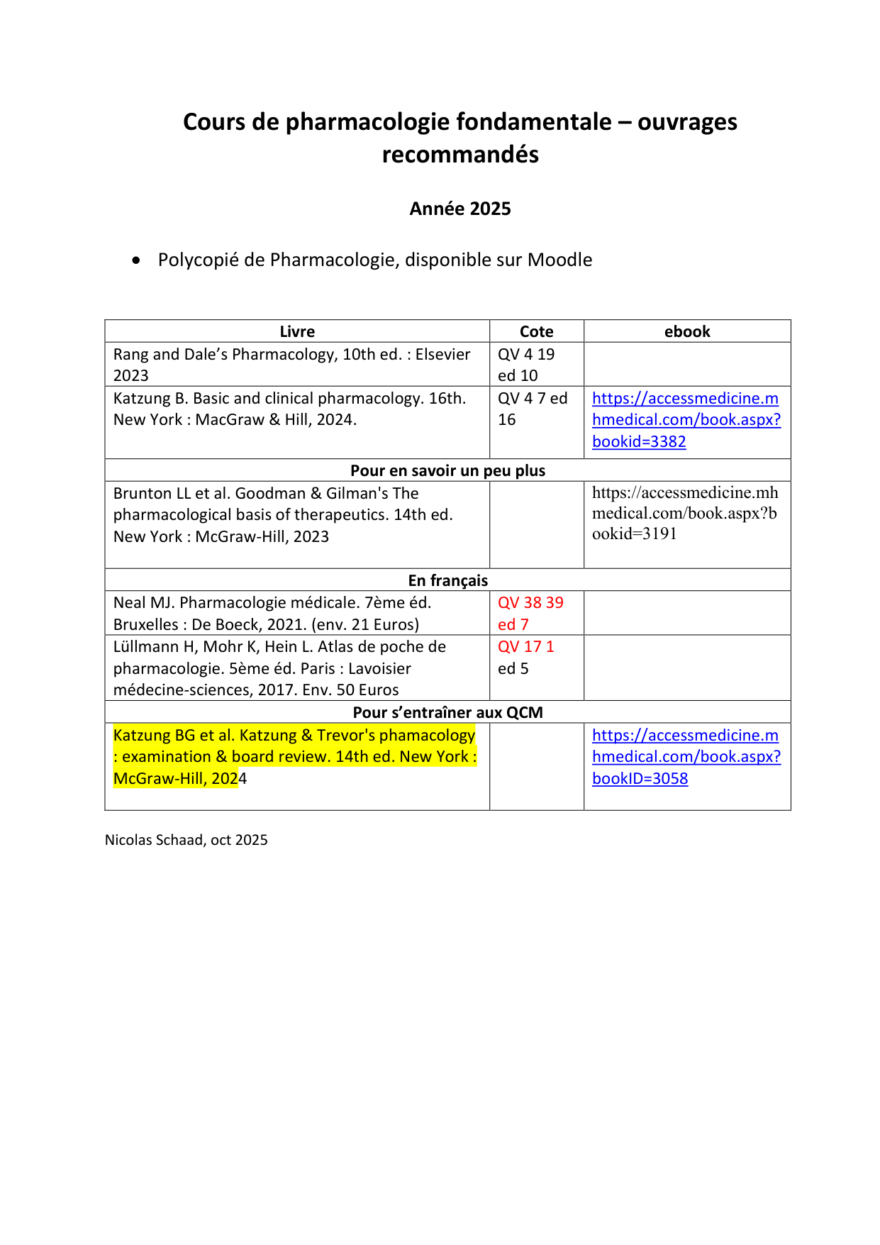 Livres recommandés- Cours de pharmacologie 2025 page 1